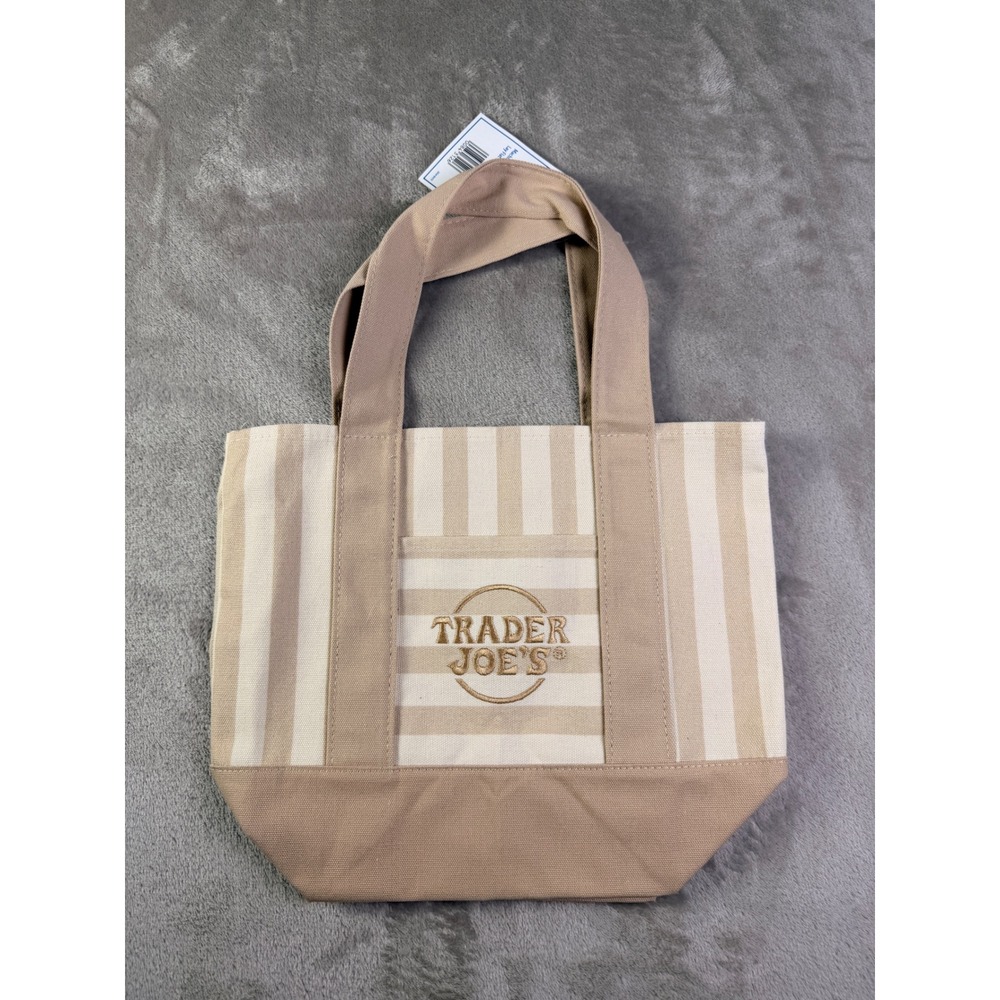 Trader Joe's Mini Canvas‎ Tote Bag Tan Cream Striped Limited Edition Handbag NWT